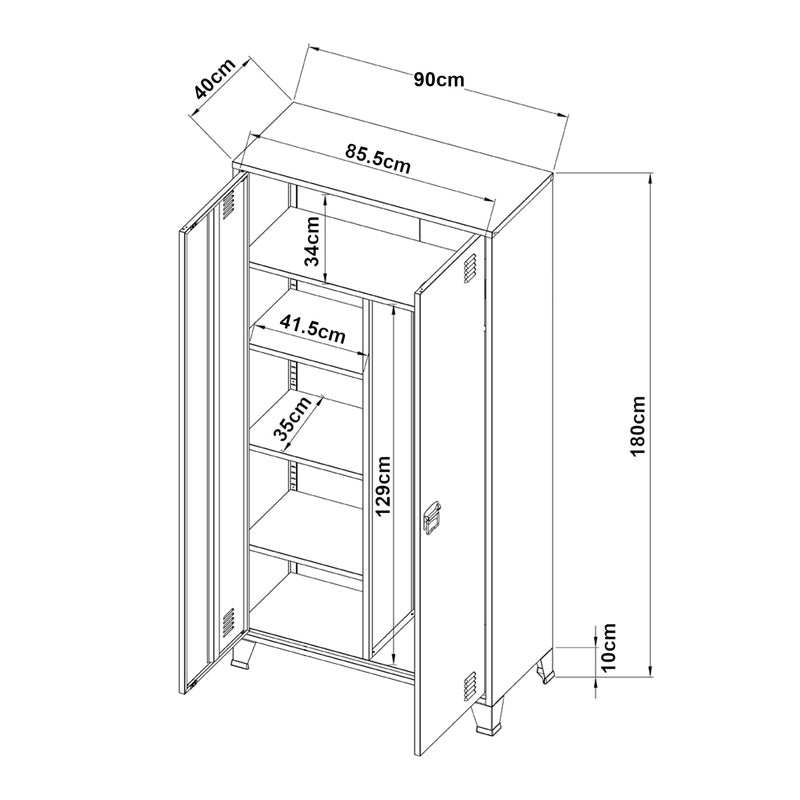 Stalen Kledingkast – Garderobekast – Kledingkast Met Laden – Opbergkast – Industrieel Design – Wit Gelakt Staal – 180 x 90 x 40 cm – Ruime Bergruimte – Stevige Constructie