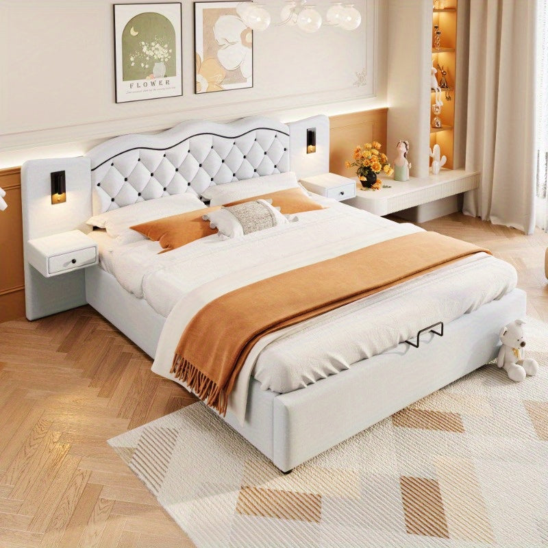 Bedframe – Ledikant – Slaapbank – Boxspring – Bed met Opbergruimte – Beige – Hydraulische Lift – Geïntegreerd Hoofdbord – 180x200 cm – Zachte Stof