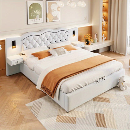 Bedframe – Ledikant – Slaapbank – Boxspring – Bed met Opbergruimte – Beige – Hydraulische Lift – Geïntegreerd Hoofdbord – 180x200 cm – Zachte Stof