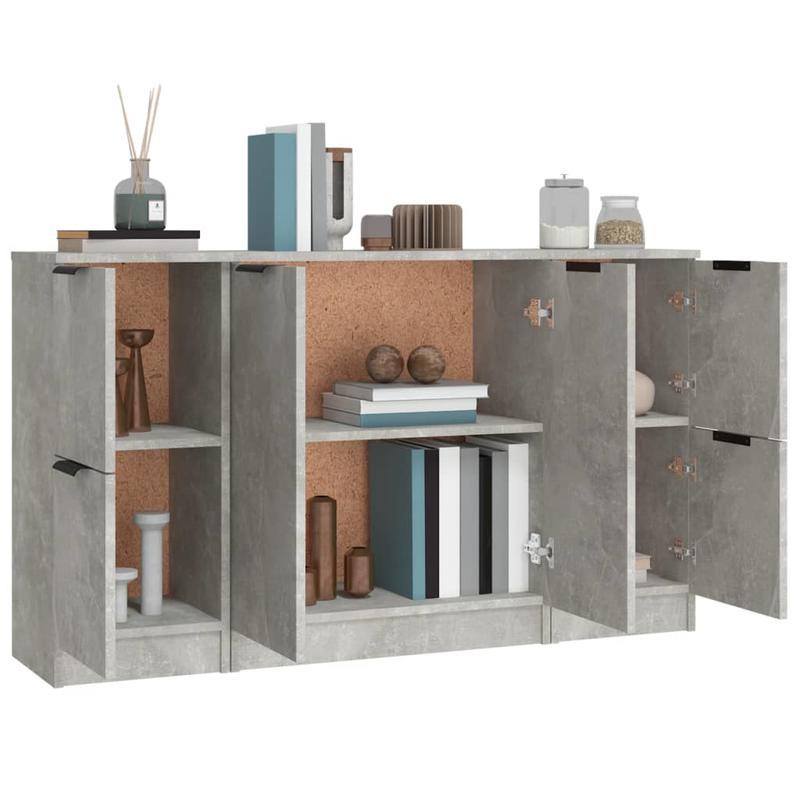 Dressoir – Opbergkast – Ladekast – Commode – Buffetkast – Set van 3 – Massief Bewerkte Hout – Betongrijze Kleur