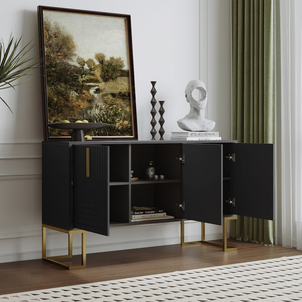 Dressoir – Sideboard – Opbergkast – Buffettafel – Ladekast – Donkergrijs Met Gouden Accenten – U-Vormige Deuren – Verstelbare Planken – Duurzaam Niet-Houten Materiaal