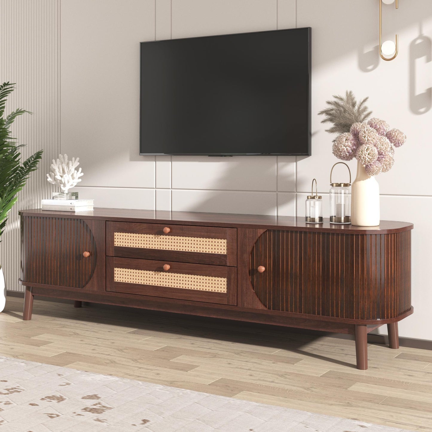 BTM TV Cabinet - Natural Wood Blend TV Stand with Doors and Drawers, Rattan Sides, Storage Solution, Natural Country Style