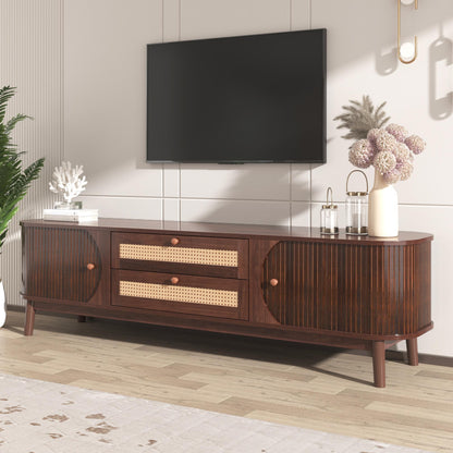 BTM TV Cabinet - Natural Wood Blend TV Stand with Doors and Drawers, Rattan Sides, Storage Solution, Natural Country Style
