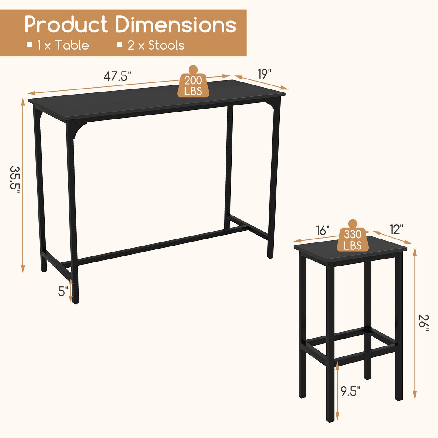 3-delige Eettafelset – Bistroset – Bartafelset – Hoog Tafelset – Industriële Keukentafelset – Stabiele Metaalconstructie – 120 x 48 cm Hoogblad