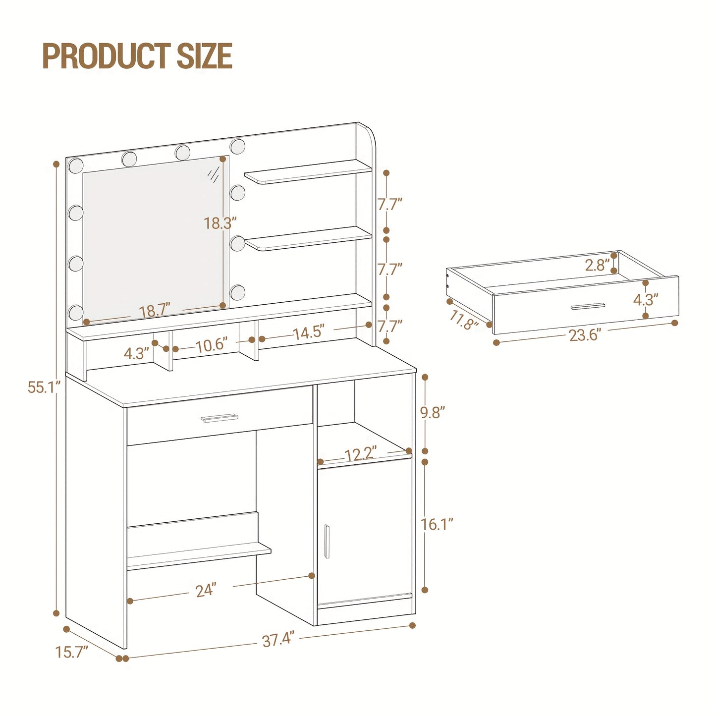 Kaptafel – Make-up Tafel – Schminktisch – Vanity Table – Dressing Table – Witte Kaptafel Met Spiegel – 10 LED Lampjes Met 3 Lichtstanden – Veel Opbergruimte Met Lade En Kast