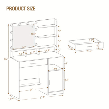 Kaptafel – Make-up Tafel – Schminktisch – Vanity Table – Dressing Table – Witte Kaptafel Met Spiegel – 10 LED Lampjes Met 3 Lichtstanden – Veel Opbergruimte Met Lade En Kast