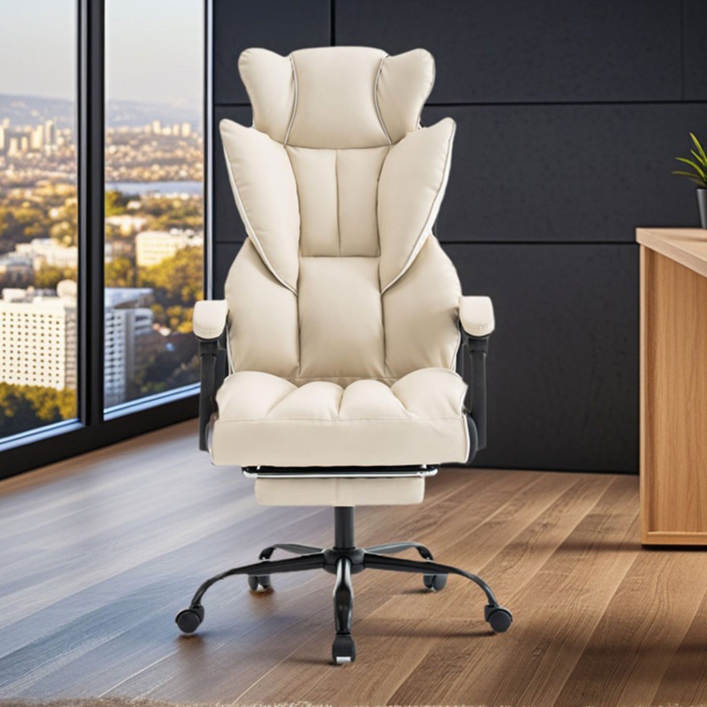 Bureaustoel – Office Chair – Kantoorstoel – Computerstoel – Draaistoel – Ergonomisch Design – Verstelbare Rugleuning & Inklapbare Voetensteun – Stevig Metalen Frame & Ademend PU-leer – Bruin