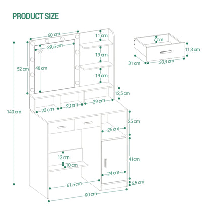 Kaptafel – Make-up Tafel – Dressing Table – Schminktisch – Toilettafel – Zwarte Kaptafel – Verstelbare LED-Verlichting – Veelzijdige Opbergruimte met Laden en Kastje