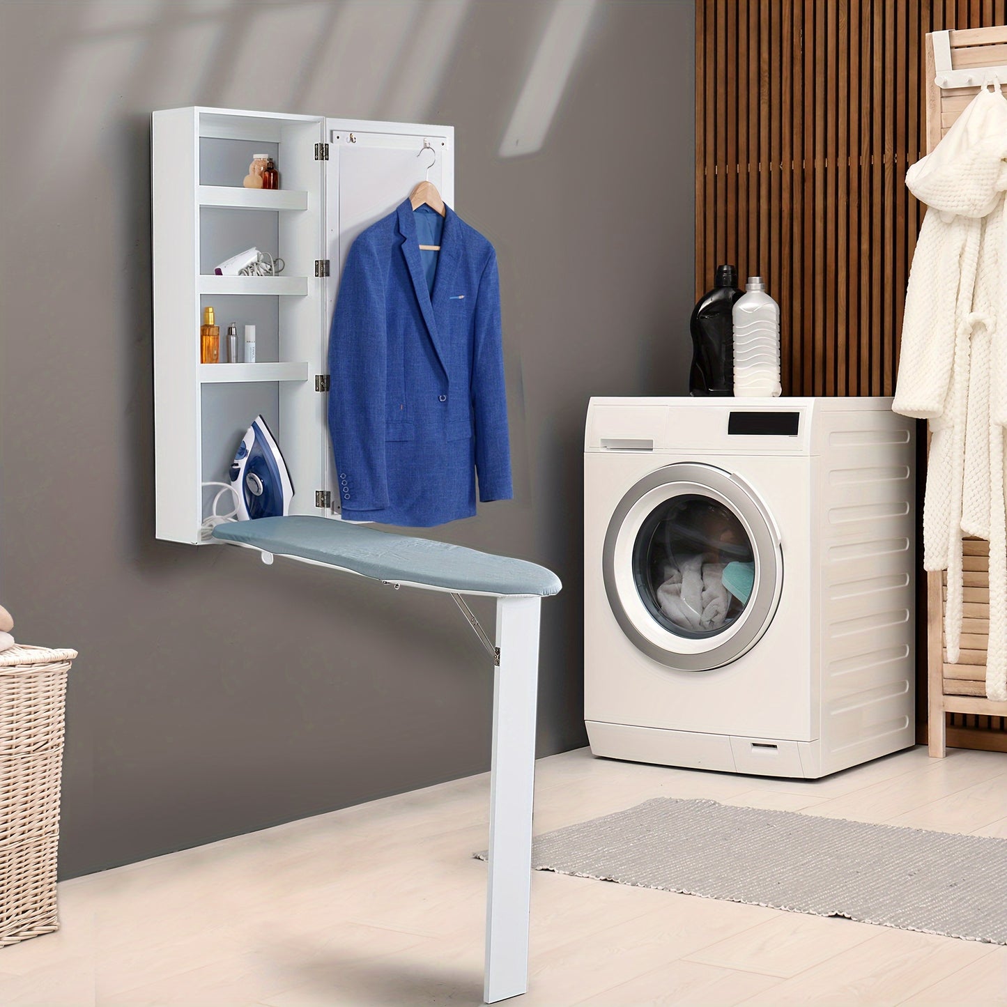Strijkplank – Strijktafel – Strijkkast – Opklapbaar – Wandmontage – Ruimtebesparend – Hittebestendig Plywood – Inclusief Spiegel en Opbergruimte