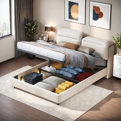 Tweepersoonsbed – Bed – Slaapbank – Opbergbed – Boxspring – 160x200 cm – Fluwelen Hoofdbord – Ingebouwde LED-Verlichting en USB Oplaadpoorten