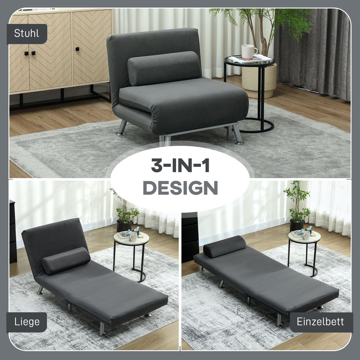 Inklapbare Relaxstoel – Vouwstoel – Ligstoel – Relaxbed – Zitbed – Donkergrijs Velvet – Verstelbare Rugleuning – Compact Opvouwbaar