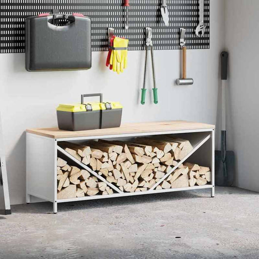 Heavy-Duty Firewood Shelf with White Wooden Plate - 100.5x35.5x40cm Large Capacity Firewood Rack, Sturdy Metal Brackets & Sturdy Base for Indoor/Outdoor Fireplace, Garden, Patio - Easy Assembly, Space-saving Design, Durable C