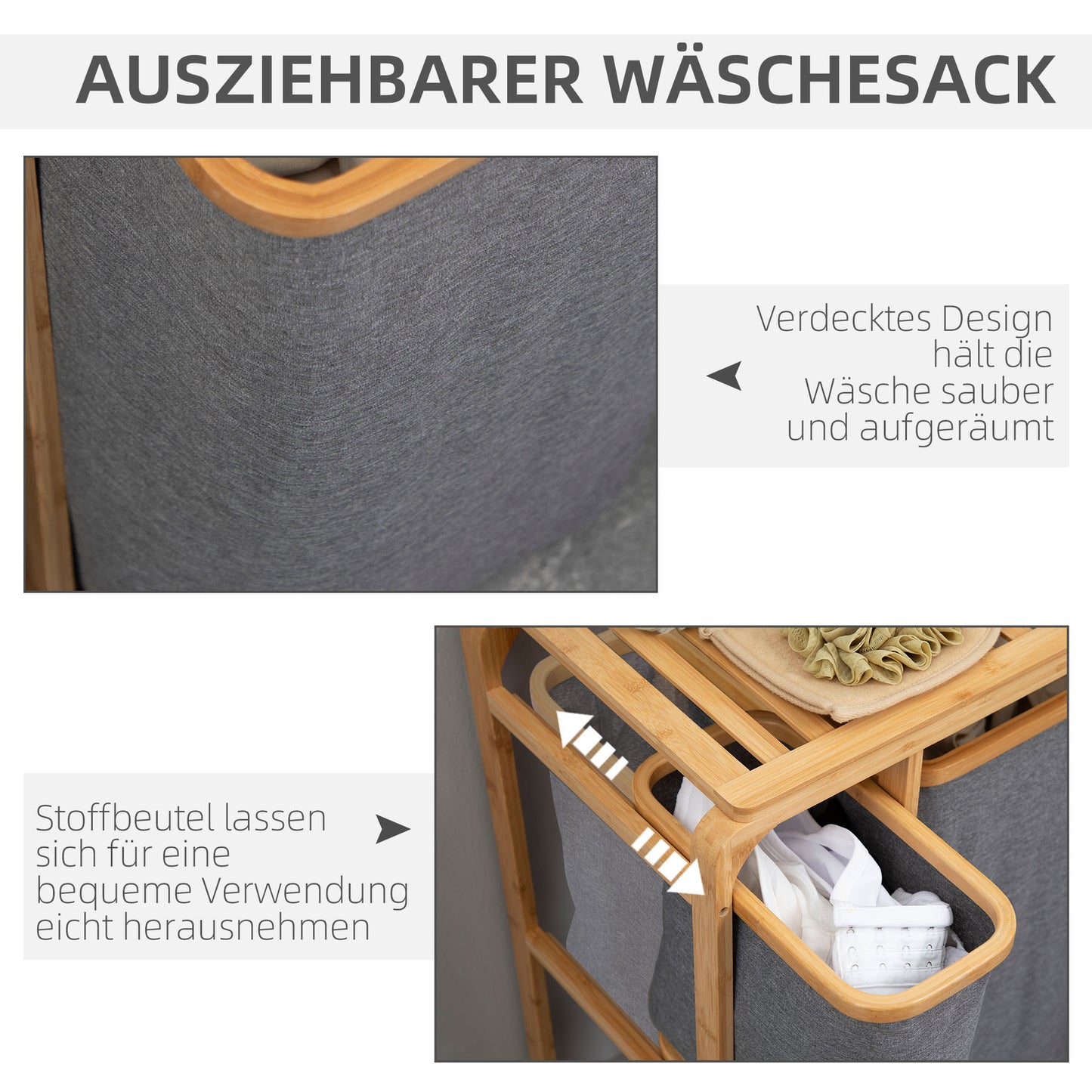 Bamboe Wasmand – Wasbak – Wasbox – Wascontainer – Wasopvang – Natuurlijke Grijze Kleur – 3 Uitneembare Mandjes – Compact & Ventilerend Ontwerp