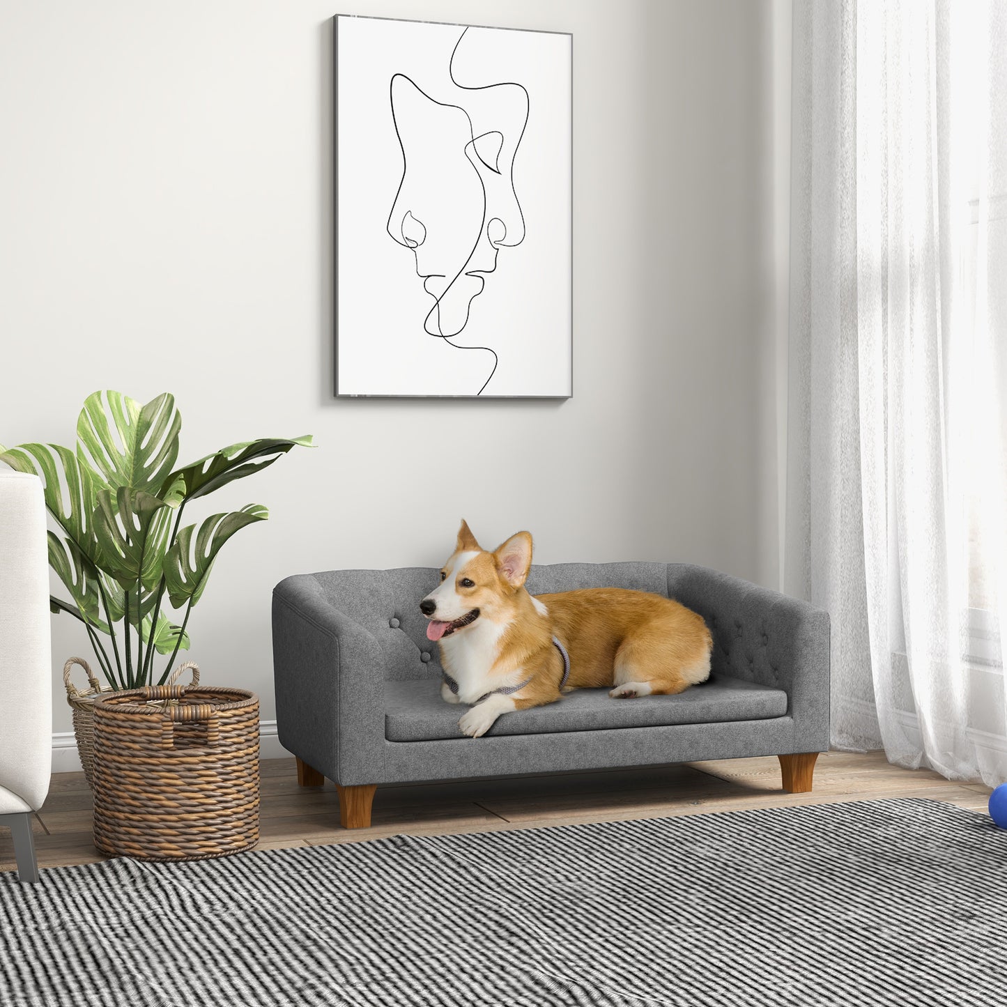 Hondensofa – Huisdierbed – Dierenbank – Kattenbed – Verhoogde Sofa – Uitneembaar Kussen – Compact Formaat 96x60x42 cm – Gemakkelijk Te Monteren – Grijs