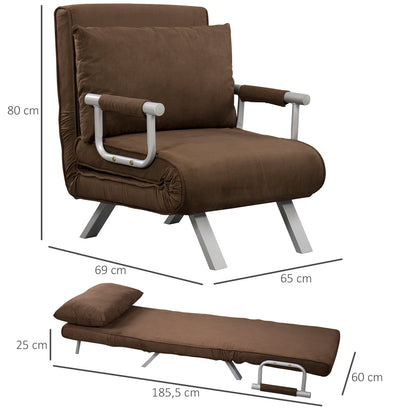 Slaapbank – Slaapfauteuil – Logeerbed – Bedbank – Zitbank – Verstelbare Rugleuning – Suède Bekleding Met Metalen Armleuningen – Bruin – 1-Persoons