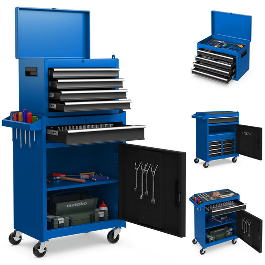 Werkplaatswagen – Gereedschapswagen – Tool Chest – Opslagwagen – Werkbank – Met Vergrendelbare Zwenkwieltjes – Verstelbare Plank – Blauw – Stevige Metalen Constructie – 5 Lades