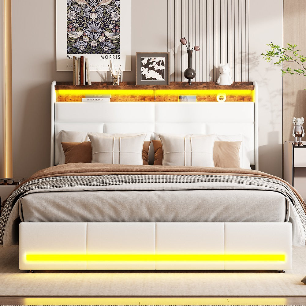 Dubbel Opbergbed – Opbergbed Met Lade – Opklapbed – Bed Met Opbergruimte – Led Bed – 140x200 Cm – PU Leder & Metaal – Gasdrukveren – Usb Oplaadpoorten