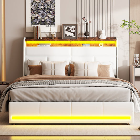 Dubbel Opbergbed – Opbergbed Met Lade – Opklapbed – Bed Met Opbergruimte – Led Bed – 140x200 Cm – PU Leder & Metaal – Gasdrukveren – Usb Oplaadpoorten