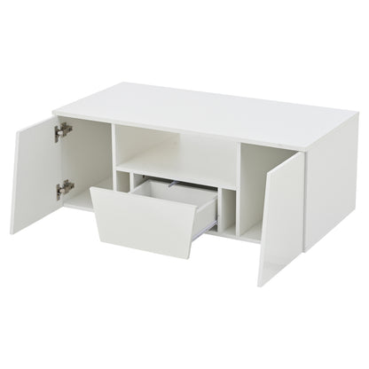 Salontafel – Koffietafel – Woonkamertafel – Bijzettafel – Tafel – Glanzend Wit – 2 Kasten & 1 Lade – 100x50x40 cm – Onregelmatige Vorm – Duurzaam & Gemakkelijk te Monteren
