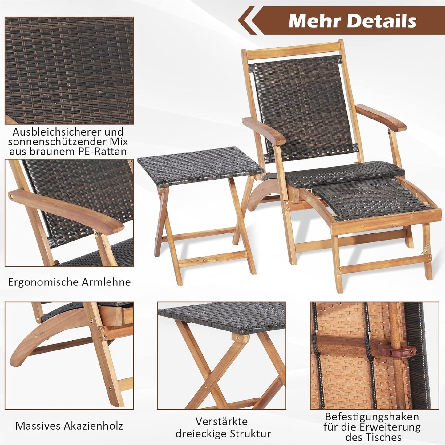 Rattan Ligstoel – Tuinstoel – Ligbed – Strandstoel – Balkonstoel – Uittrekbare Voetensteun – Inklapbaar Met Bijzettafel – Max 160 Kg Belastbaar – Weerbestendig PE-Rattan Bruin
