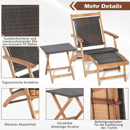 Rattan Ligstoel – Tuinstoel – Ligbed – Strandstoel – Balkonstoel – Uittrekbare Voetensteun – Inklapbaar Met Bijzettafel – Max 160 Kg Belastbaar – Weerbestendig PE-Rattan Bruin