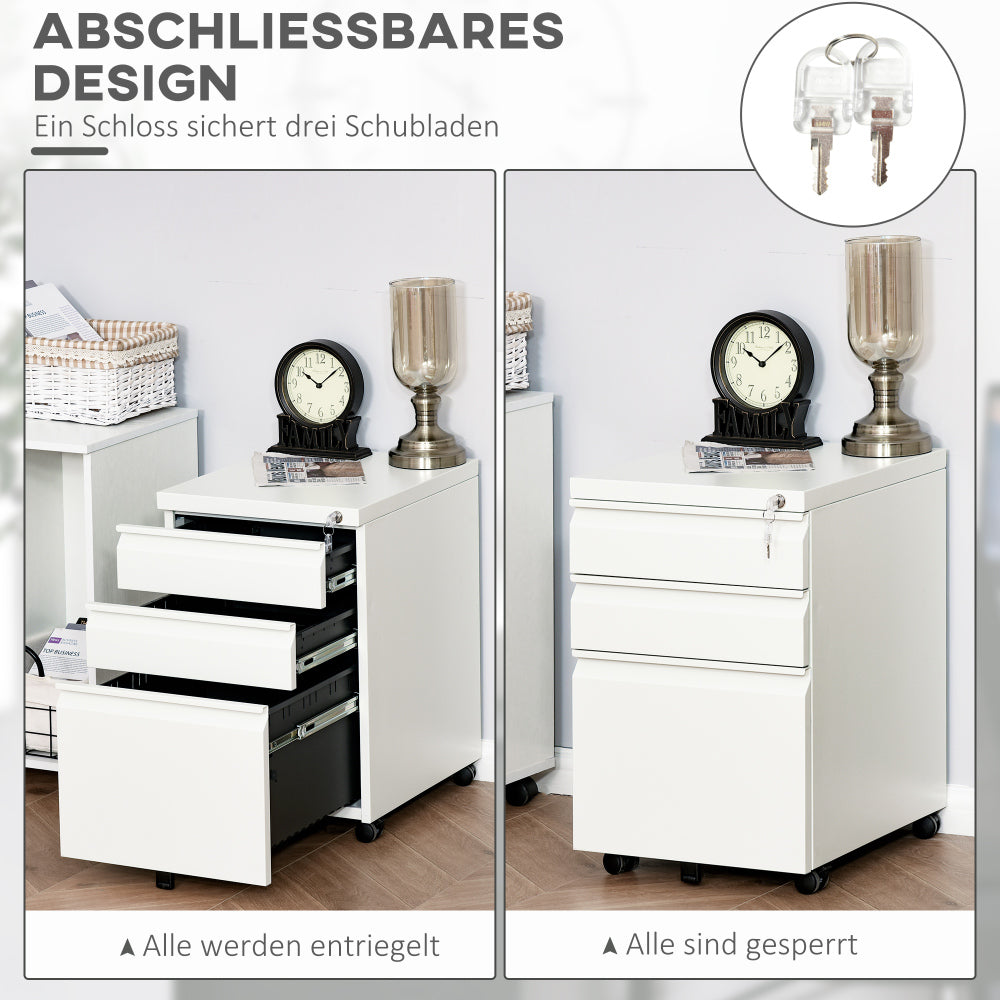 Mobiele Opbergkast – Bureaukast – Ladekast – Archiefkast – Werkplek Opberger – Wit – Stalen Constructie – Met Slot – 3 Lades – Wieltjes – Compact & Ruim