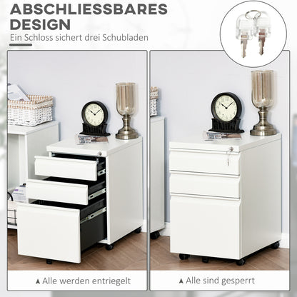 Mobiele Opbergkast – Bureaukast – Ladekast – Archiefkast – Werkplek Opberger – Wit – Stalen Constructie – Met Slot – 3 Lades – Wieltjes – Compact & Ruim