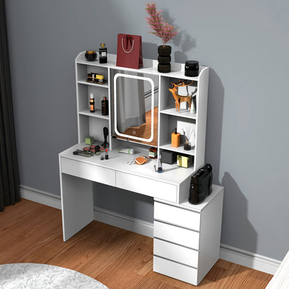 Vanity Desk – Make-up Tafel – Kaptafel – Schminktisch – Dressing Table – Verlichte Spiegel Met 3 Lichtstanden – 6 Laden Met 3 Opbergshelves – Wit – Gehard Glas