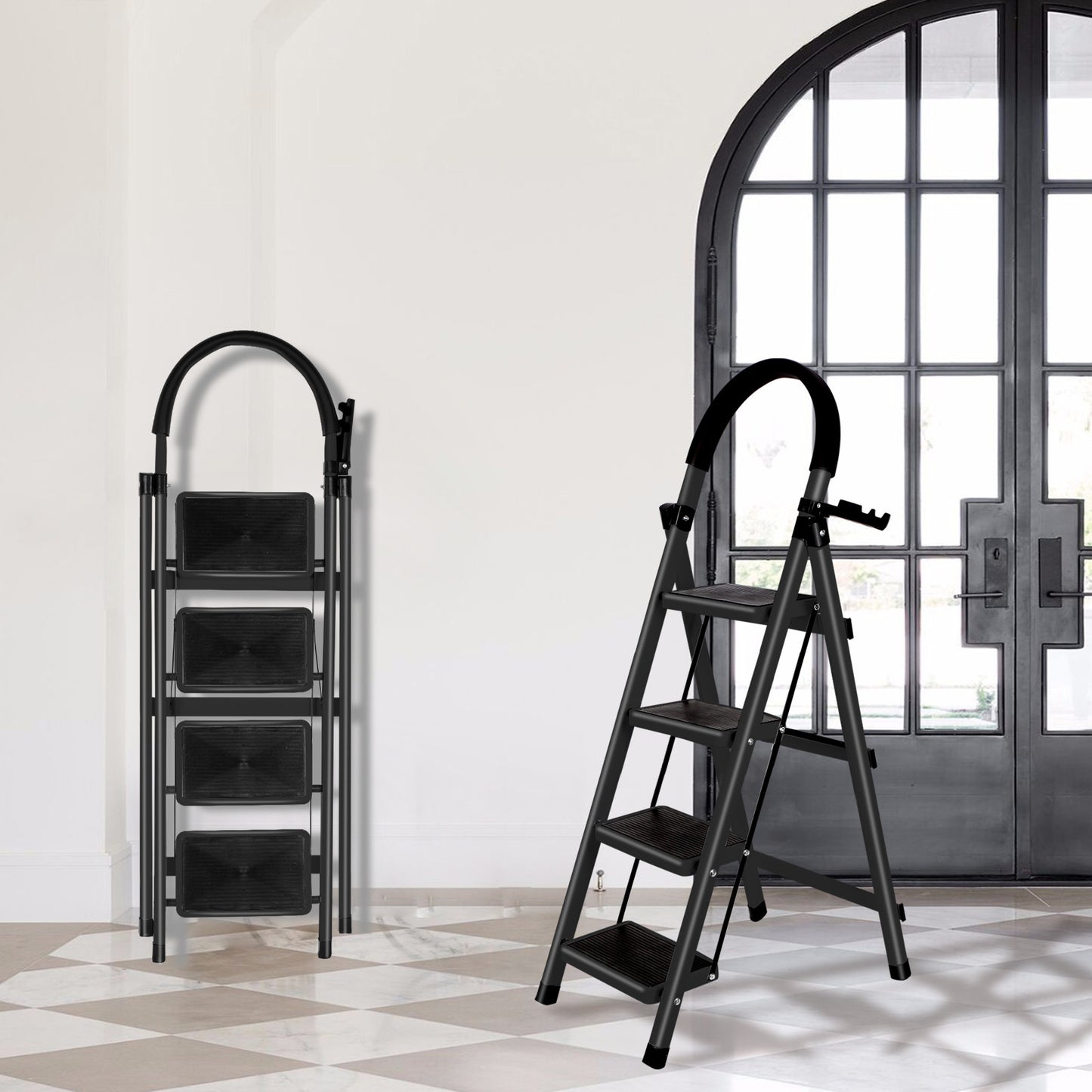 4-Traps Stalen Ladder – Vouwladder – Opstapladder – Klapladder – Steigertrap – Lichtgewicht En Compact – Antislip Treden Met Handgrepen