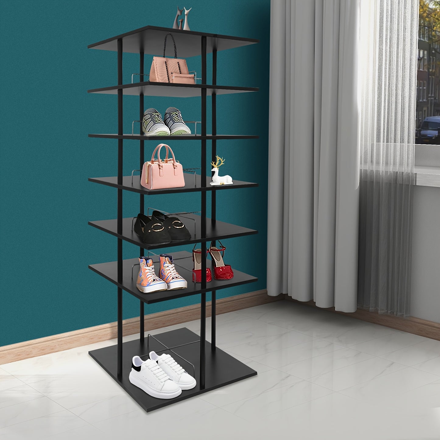 Schoenenrek – Schoenenkast – Schoenenopberger – Schoenenrek Hout – Schoenenrek Metaal – 6 Lagen – 360° Draaibaar – 57x57x155 cm – Zwart