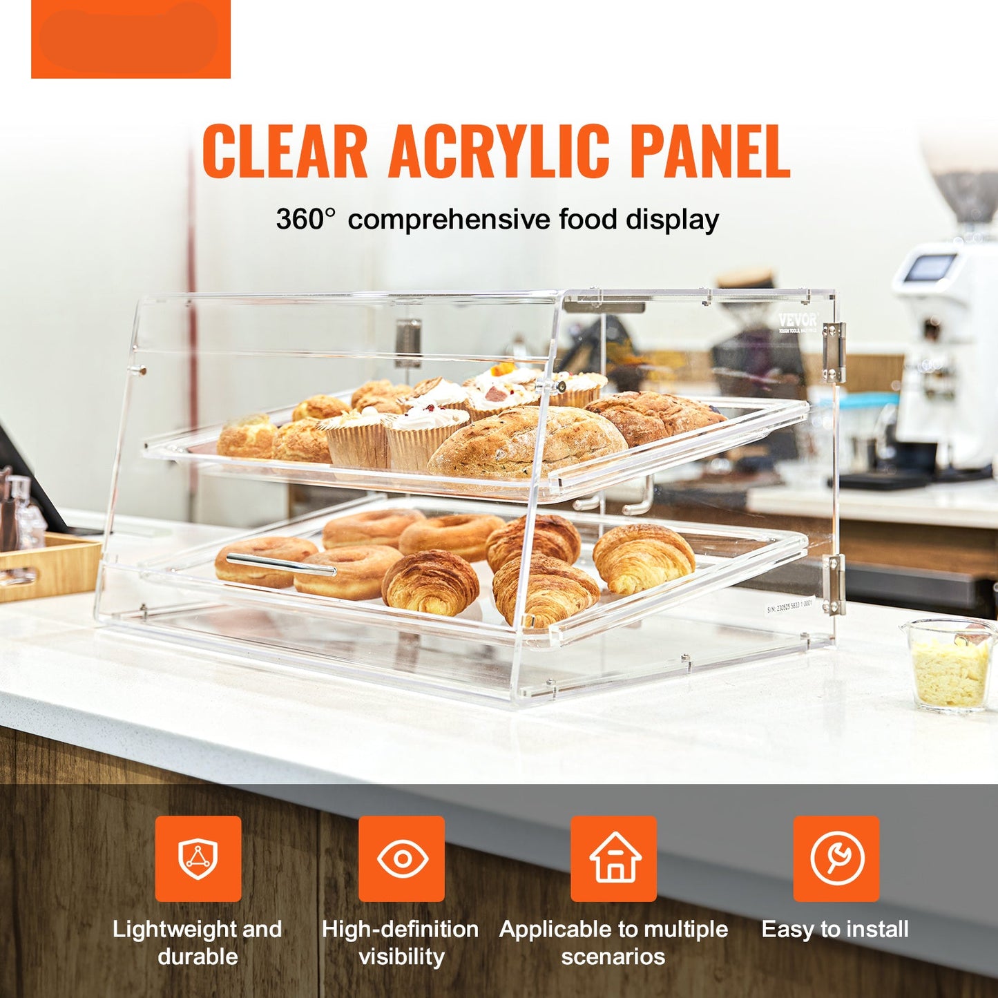 Displaycase Acryl – Gebaksvitrine – Snoepdispenser – Brooddisplay – Donutvitrine – 2 Etages Met Verwijderbare Trays – Roestvrijstalen Handgrepen