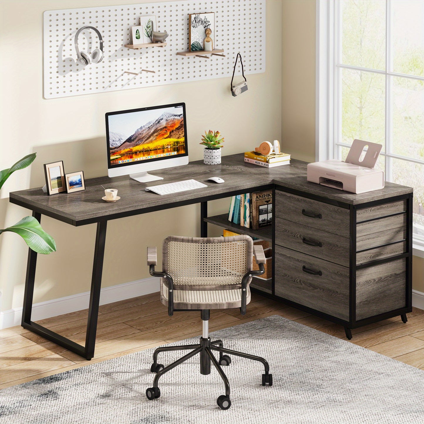 Hoekbureau – L-vormig Bureau – Computerbureau – Bureau Bureau – Thuiswerkbureau – 3 Laden – Reversibel Ontwerp – Industrieel Grijs – 135x100 cm