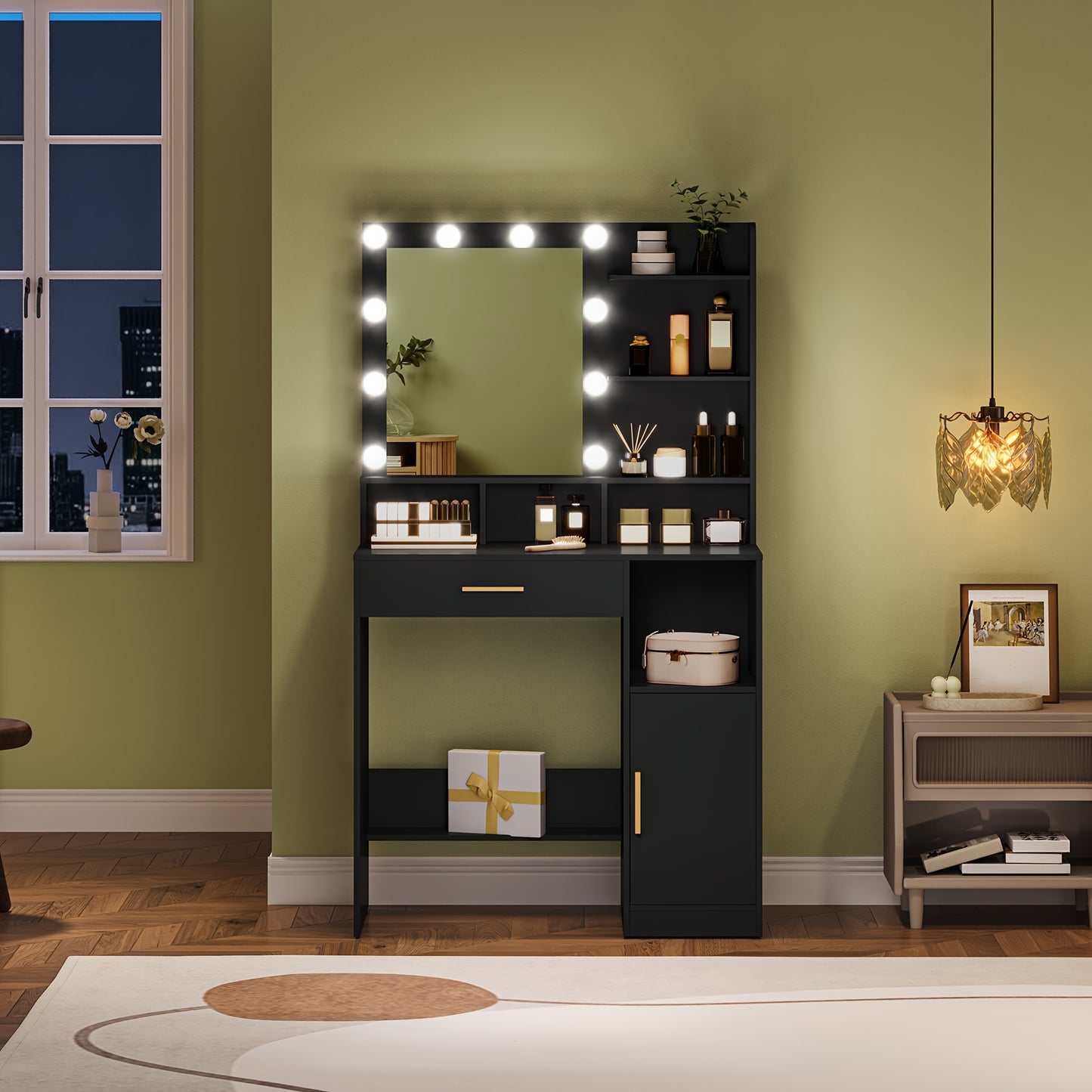 Dressing Table With Mirror, Dressing Table With LED Mirror, Dressing Makeup Table With 3 Shelves And 4 Open Compartments, With Large Drawer And Wardrobe