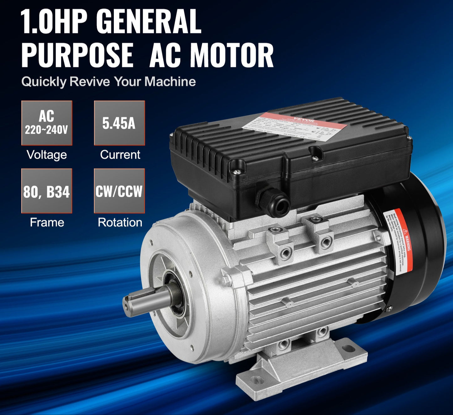 Elektrische Motor – Elektromotor – AC Motor – Industrie Motor – 0,75 kW Motor – 1400 RPM – Roestbestendige Stalen Behuizing – Omkeerbare Draairichting