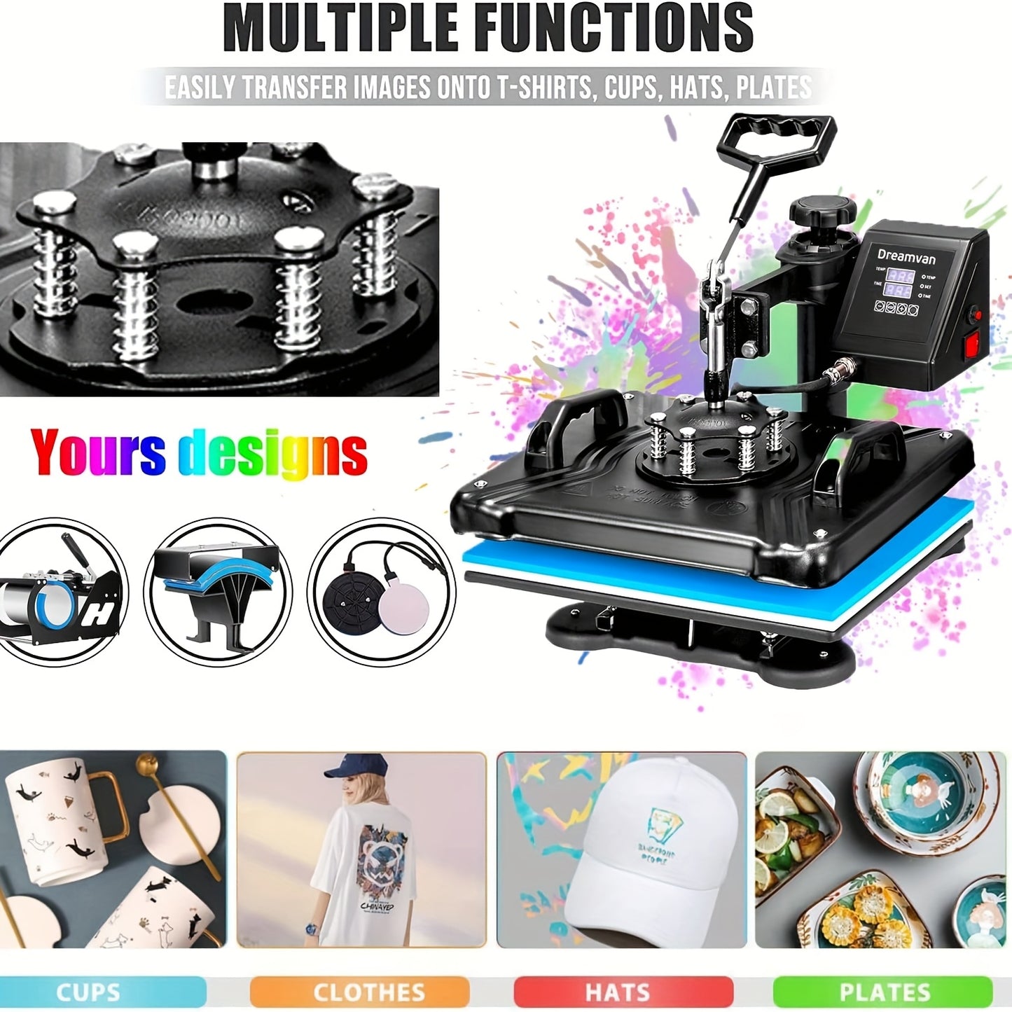 Warmtepers – Sublimatiepers – Transferpers – T-shirtpers – Mokkenpers – 8-in-1 Multifunctioneel – 360° Draaibare Persplaat – Professionele Dubbele Verwarmingsbuizen – 30,48 x 38,1 cm Werkoppervlak