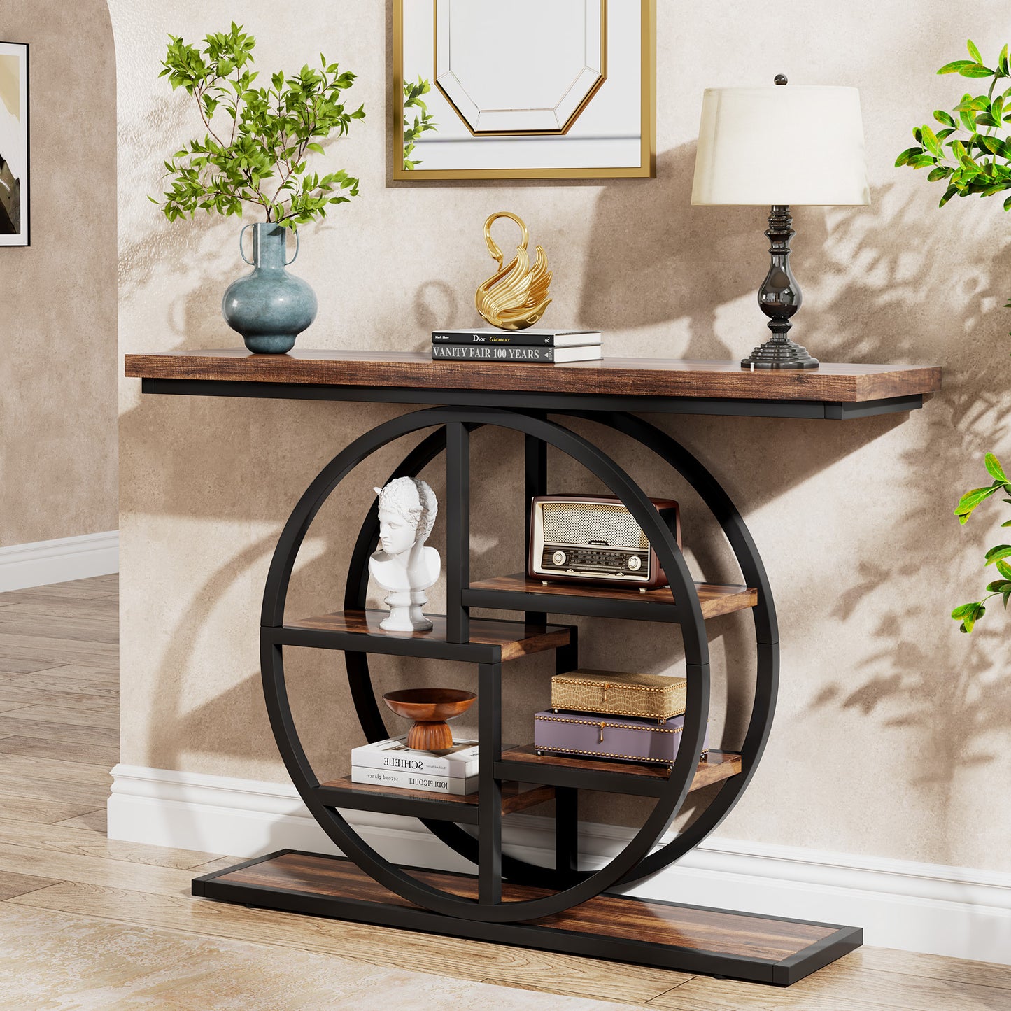 Smalle Rondvormige Haltafel – Sidetable – Opbergtafel – Gangtafel – Halmeubel – Rustiek Bruin – Multi-laags Opbergplanken – Hout & Kunststof – Ruimtebesparend Design