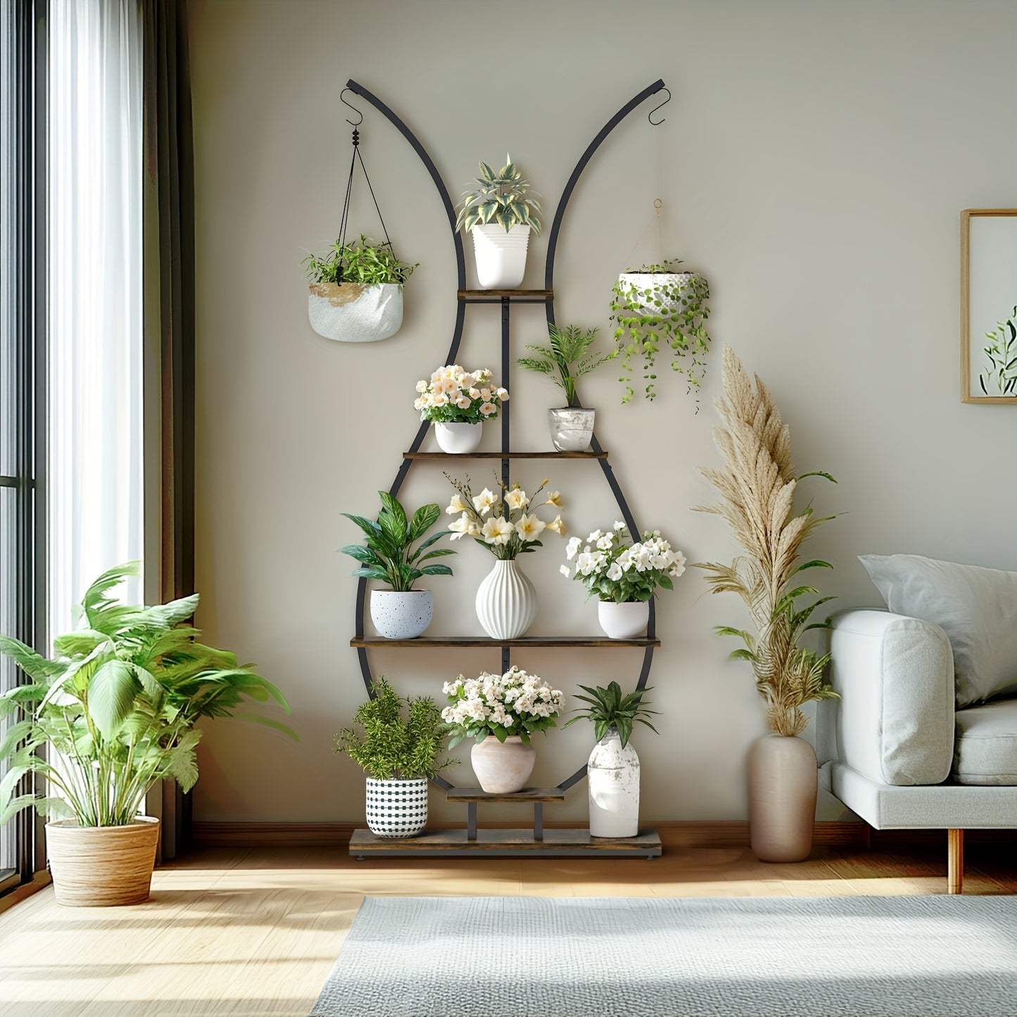 Vaasvormige Plantenstandaard – 5-Lagen Hoge Plantenplank met Metalen Frame en Haakjes – Indoor Plant Display voor Woonkamer, Balkon of Thuisdecoratie