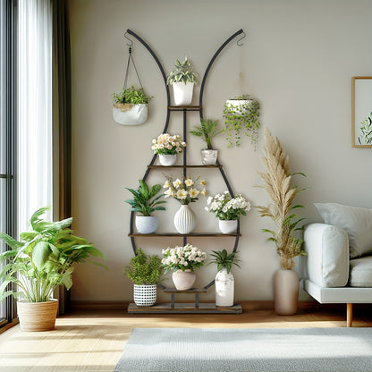 Vaasvormige Plantenstandaard – 5-Lagen Hoge Plantenplank met Metalen Frame en Haakjes – Indoor Plant Display voor Woonkamer, Balkon of Thuisdecoratie