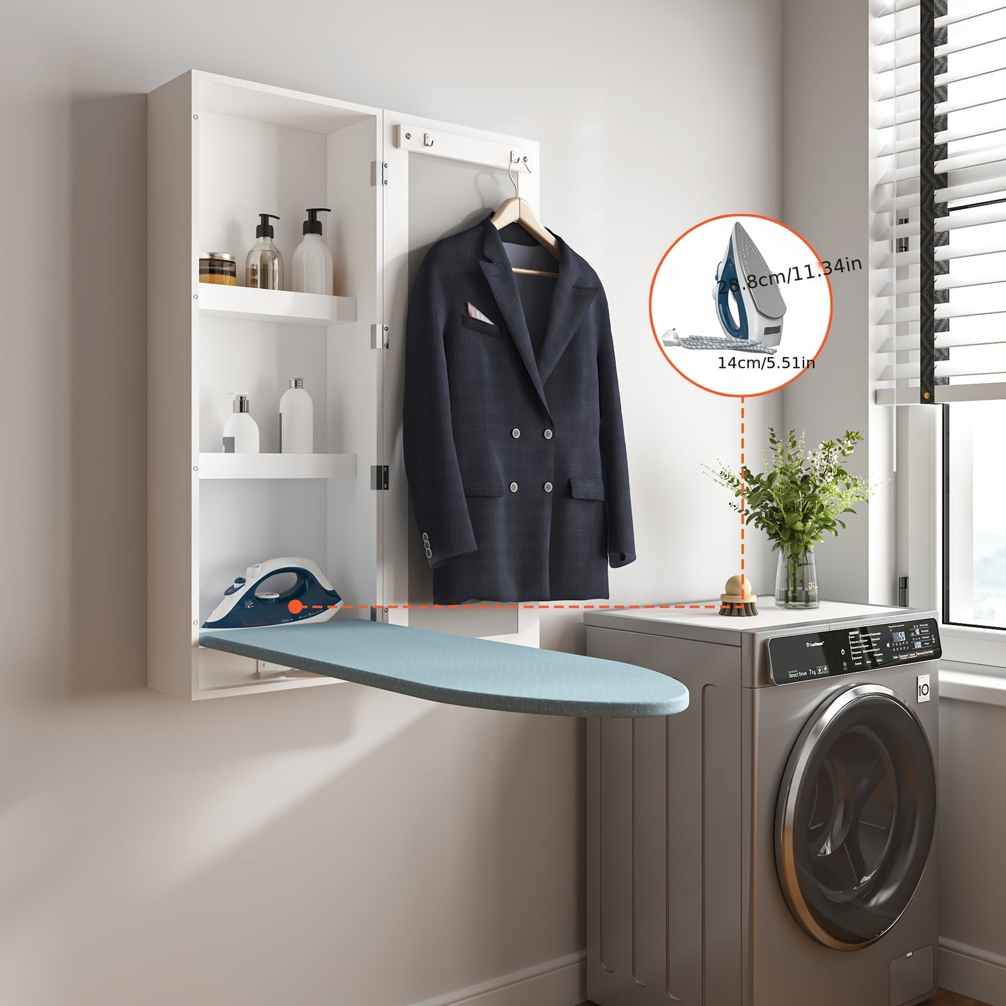 1 Set Wall Mounted Ironing Board Cabinet With Iron Storage, Built-in Ironing Center, Laundry Hanging Ironing Board And Mirror