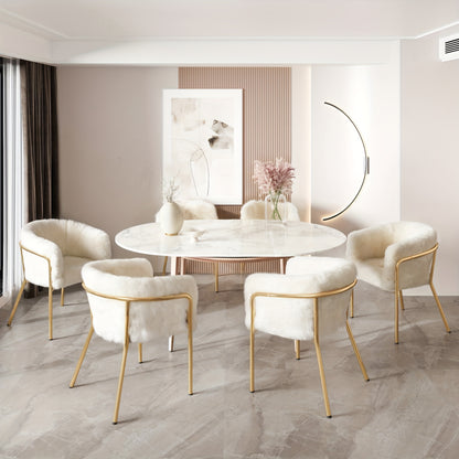 Beige Accentstoel – Fauteuil – Stoel – Zitzetel – Kapstoel – Beige Met Wit En Gouden Metalen Poten – Zacht Fluweel Kunstbont – Stevig Metalen Frame