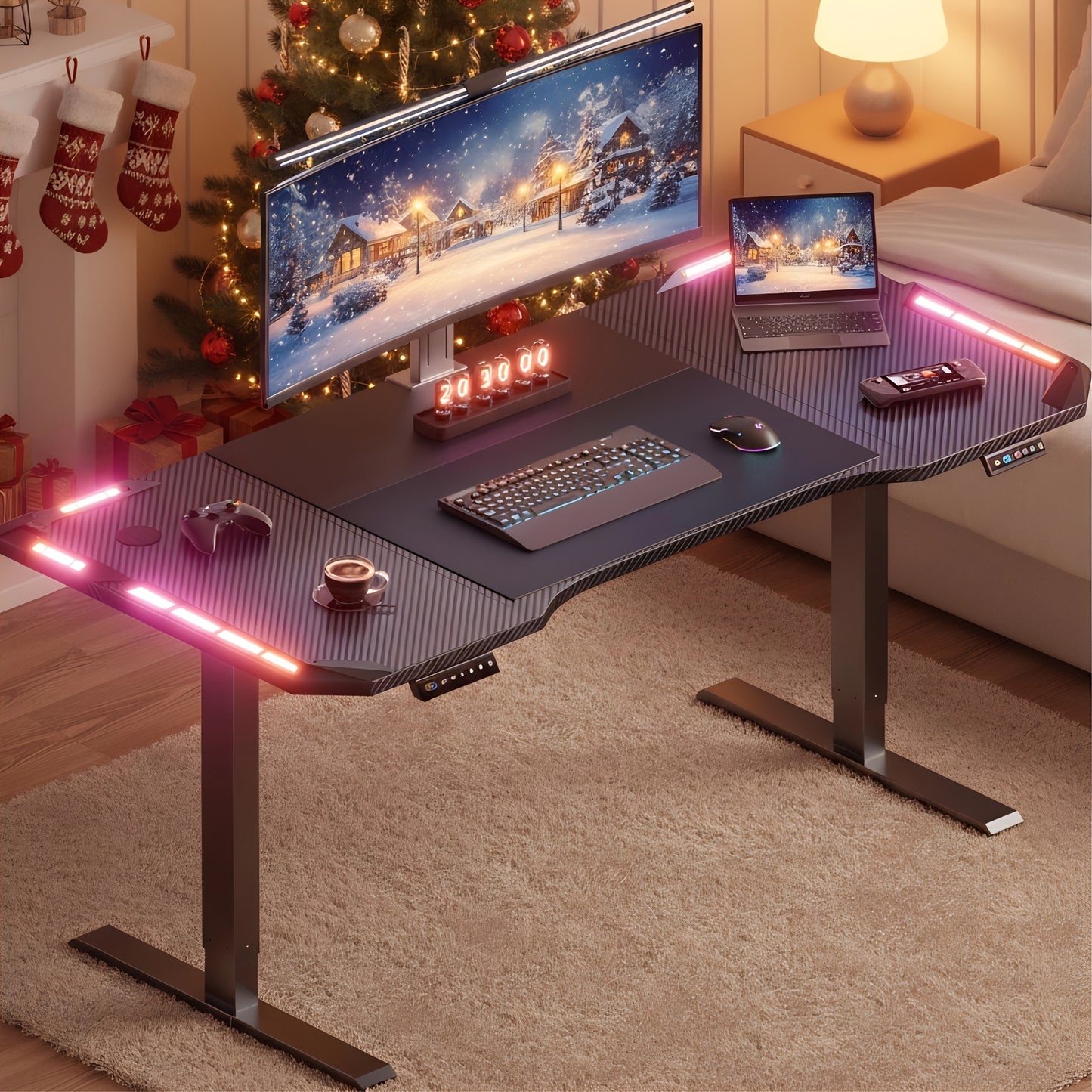 Elektrisch Verstelbaar Zit-Sta Bureau – Zit-Sta Tafel – Bureau Verstelbaar – Gaming Bureau – Thuiswerk Bureau – Carbon Fiber Tafelblad – RGB LED Verlichting – XXL Antislip Muismat – Hoofdtelefoonhaak – Verstelbaar 71-113 cm