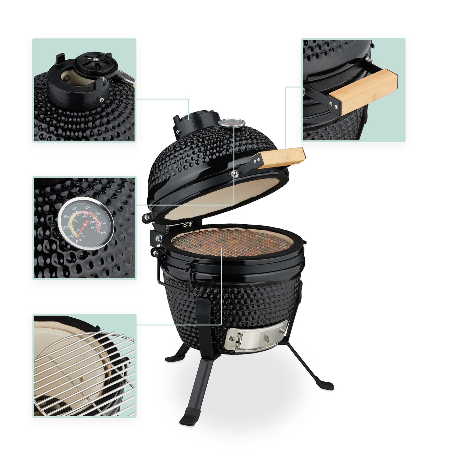 Kamado Grill – Houtskoolbarbecue – Keramische BBQ – Barbecue Oven – Buitenkeuken – Blauw – Ø 32 cm Grilloppervlak – Ingebouwde Thermometer Tot 450°C