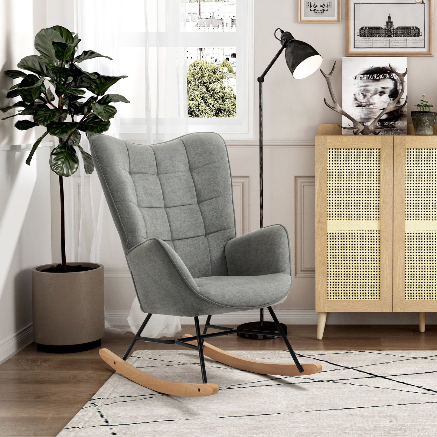 Schommelstoel – Schommelstoel Stoel Relaxstoel Rocking Chair – Grijs – Scandinavisch Design – Beukenhout Frame – Metaal – 66x84x97 cm – Comfortabele Hoogwaardige Schuimvulling