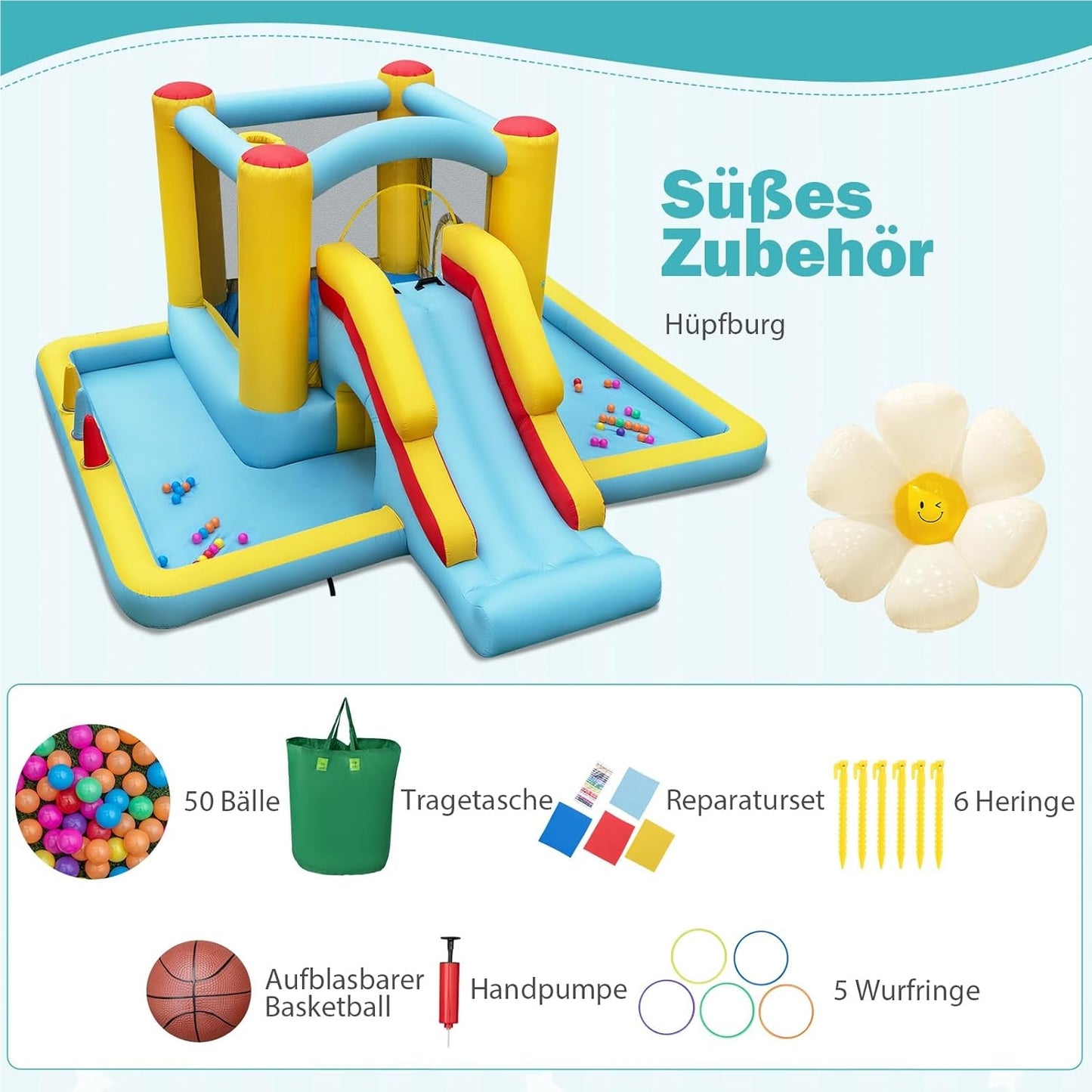Springkussen – Springkasteel – Luchtkussen – Speeltoestel – Jump-O-Lene – Met Glijbaan & Tunnel – Inclusief Basketbalring & Ringwerpspel – Groot 394x389x194 cm – Duurzaam Oxford Polyester