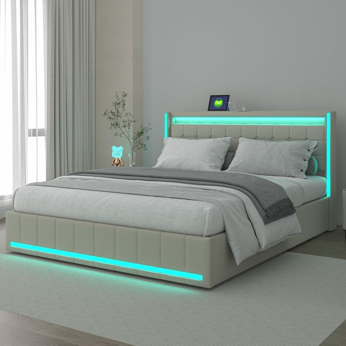 YCZ Bed Frame with Storage Space, Double Headboard Upholstered Bed with LED and USB, Storage Bed with 4 Drawers and Mattress, for Adults, BCDE