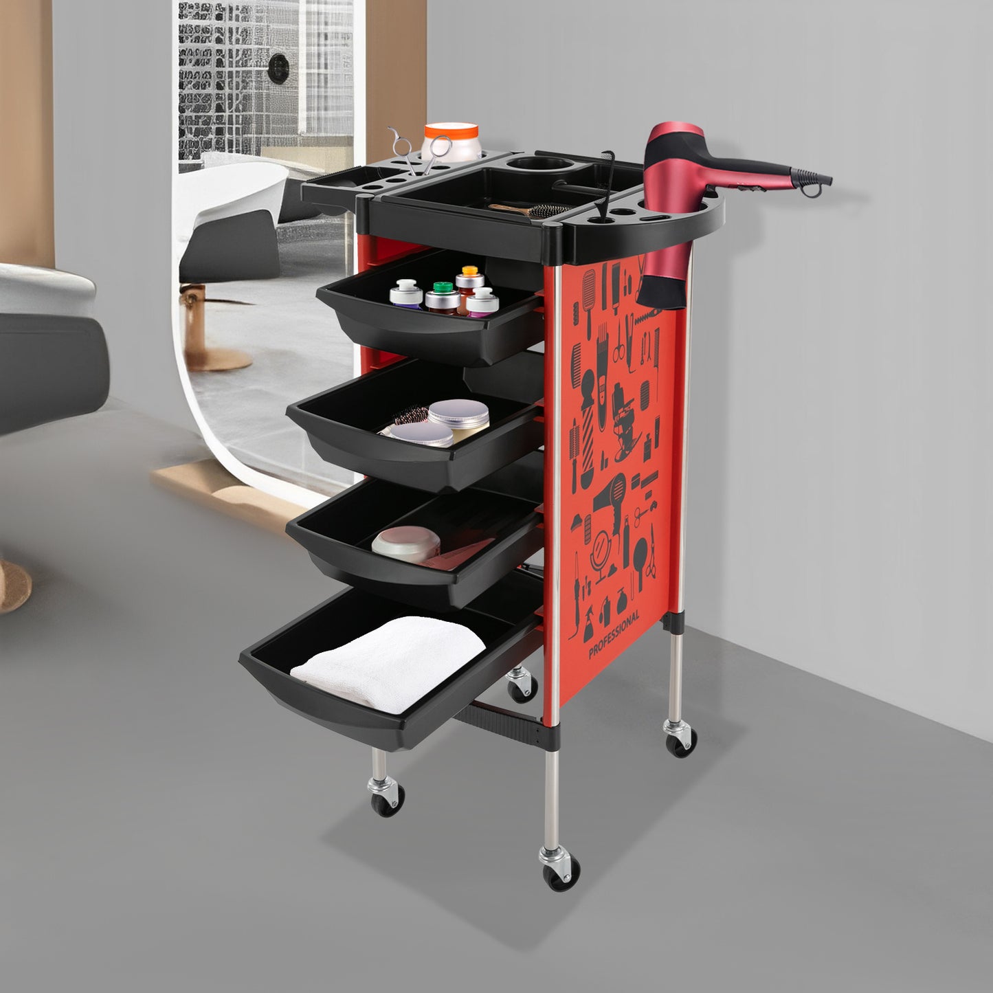 Salonwagen – Kappers Trolley – Werkwagen – Beauty Trolley – Nagelwagen – 5 Lagen Met 4 Laden – Roestvrij Staal & Kunststof – 360° Draaibare Antislip Wieltjes – Zonder Elektriciteit