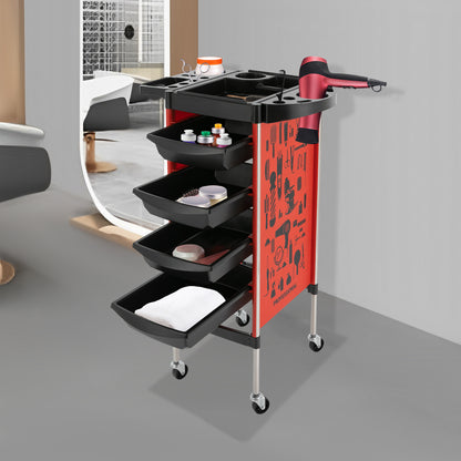 Salonwagen – Kappers Trolley – Werkwagen – Beauty Trolley – Nagelwagen – 5 Lagen Met 4 Laden – Roestvrij Staal & Kunststof – 360° Draaibare Antislip Wieltjes – Zonder Elektriciteit