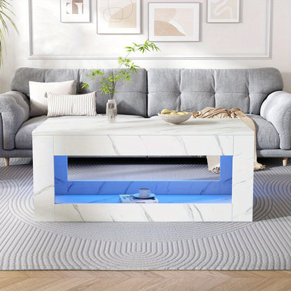 Salontafel – Koffietafel – Woonkamertafel – Bijzettafel – Tafel – Modern Design – Marmerprint Blad Met Blauwe Plank – Direct Gebruiksklaar