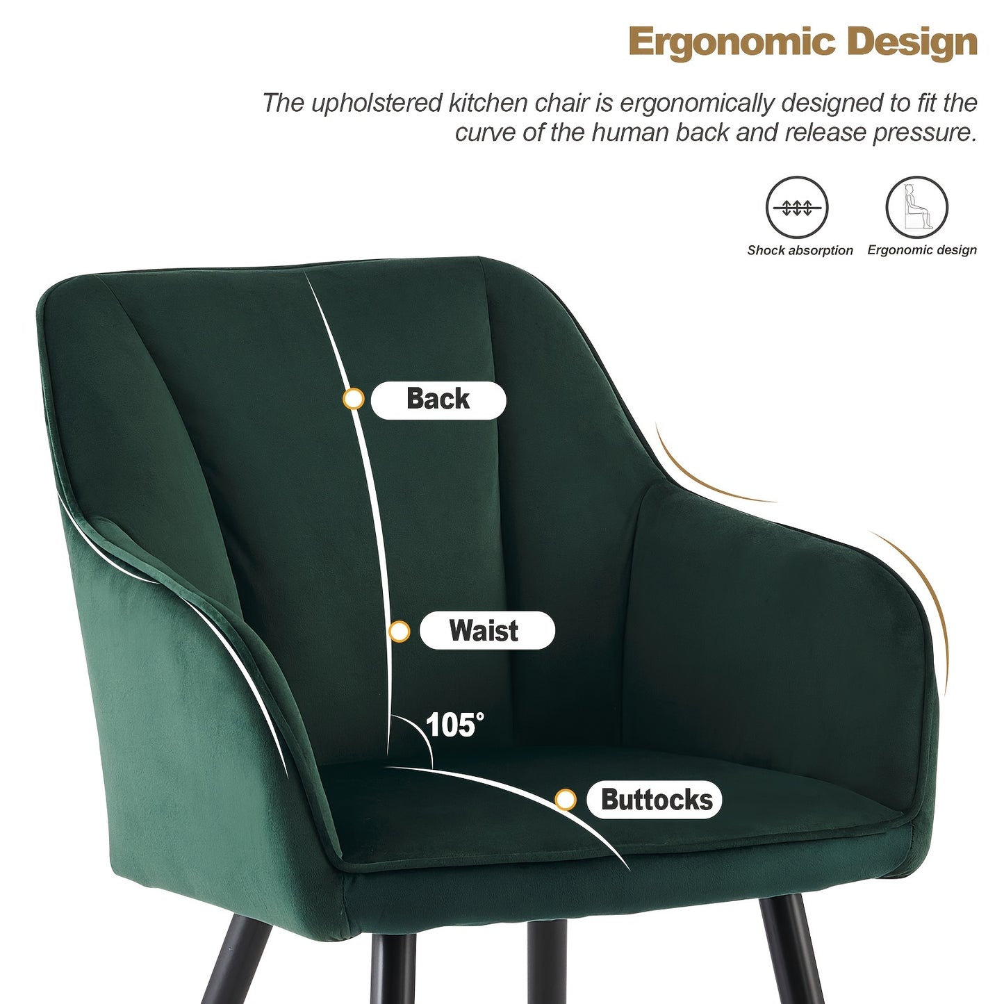 Eetkamerstoelen Set van 2 – Stoelen, Kuipstoelen, Armleunstoel, Accentstoelen – Groen Fluweel – Ergonomisch Ontwerp – Memory Foam Zitting