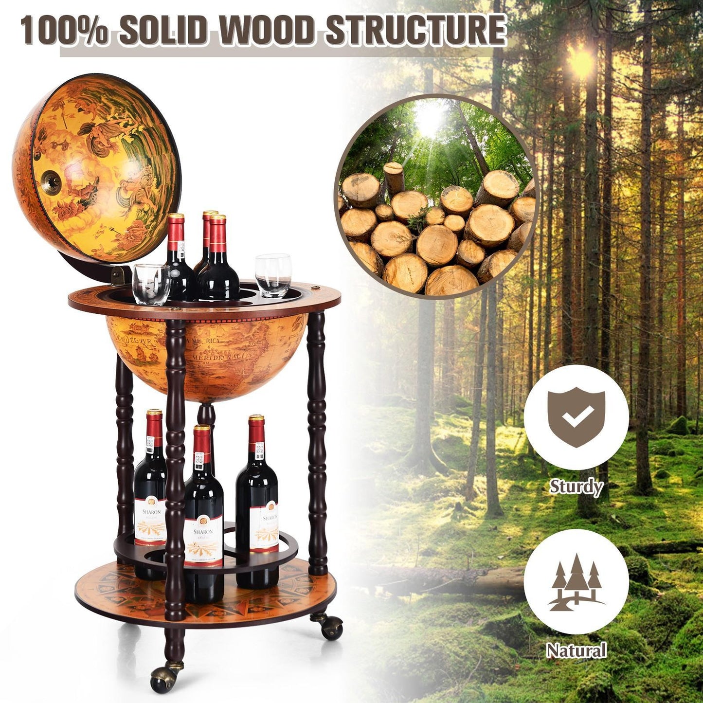 Globe Bar – Globusbar – Wijnbar – Drankwagen – Retro Barwagen – Op Wielen – Eucalyptus Hout – Compact Design 47x47x90 cm